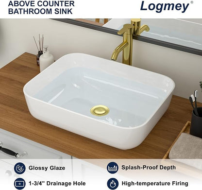 Logmey 19 Inch Bathroom Sink 19x15 Bathrooom Sinks White Vessel Sink Porcelain Ceramic Modern Rectangular Countertop Vanity Sink Art Basin
