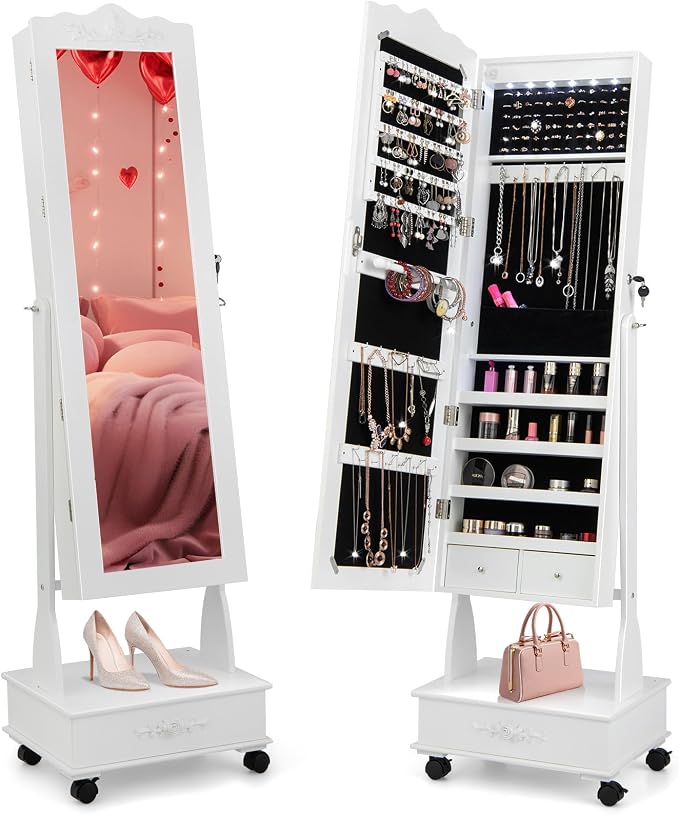 CHARMAID Rolling Jewelry Armoire with Full Length Mirror, Lockable Stand up Jewelry Cabinet with Lights and Wheels, Standing Jewelry Organizer with Drawers, Mirror with Jewelry Storage (White)
