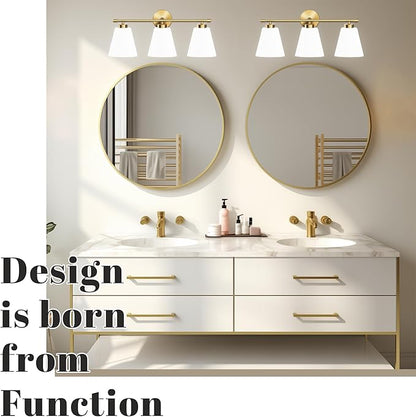 Hamilyeah Gold Bathroom Vanity Light Fixtures Over Mirror, 3 Light Vanity Lights with Frosted Glass, Industrial Vanity Lighting Fixtures for Bath, Restroom