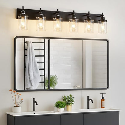 6-Light Black Bathroom Light Fixture Over Mirror Modern Farmhouse Bathroom Vanity Light Vintage Wall Lighting with Clear Glass Shade for Bathroom, Bedroom, Hallway, Cabinet