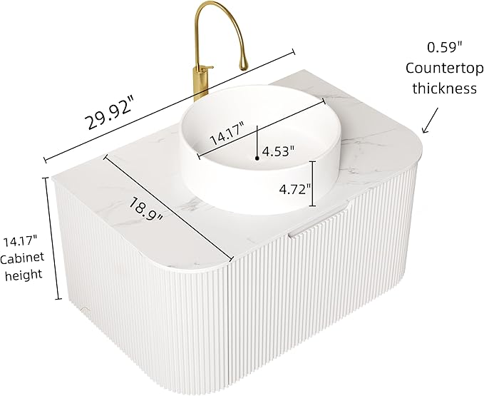30'' Bathroom Vanities Cabinet with Sink Combo, Wall Mounted Floating Cabinet W/Curved Edges Stripes, Oak Plywood, Soft-Close System with a Drawer, White Round Ceramic Basin - Kiel, White