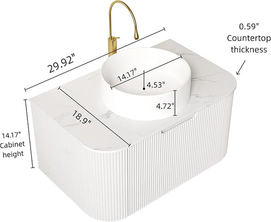 30'' Bathroom Vanities Cabinet with Sink Combo, Wall Mounted Floating Cabinet W/Curved Edges Stripes, Oak Plywood, Soft-Close System with a Drawer, White Round Ceramic Basin - Kiel, White