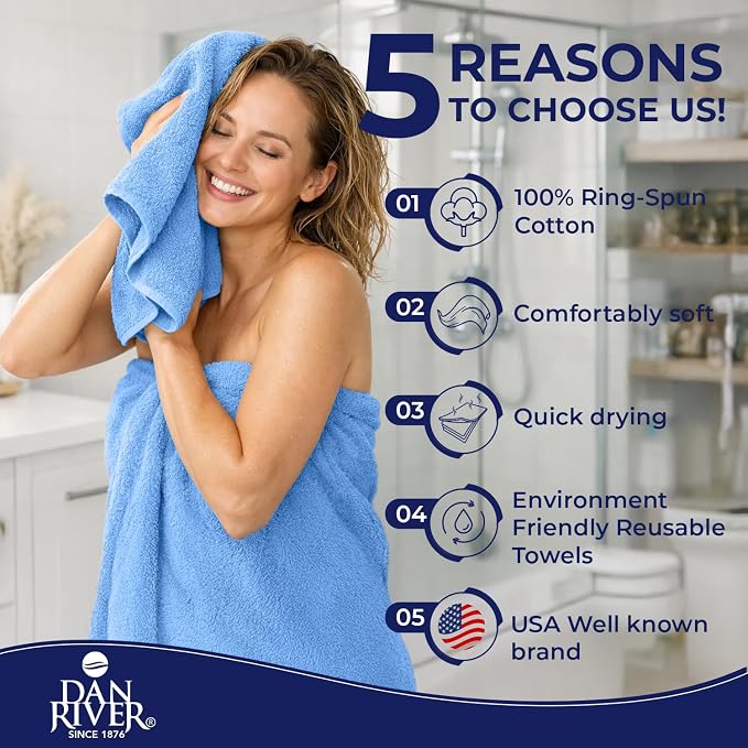 DAN RIVER 8 Piece Luxury Bath Towels for Bathroom, Towel Set, Medium Blue | 2 Bath towels, 2 Hand towels, and 4 Wash Cloths, 600 GSM 100% Ring Spun Cotton, Highly Absorbent, Gym, Hotel, guest, and Spa