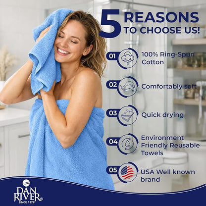 DAN RIVER 8 Piece Luxury Bath Towels for Bathroom, Towel Set, Medium Blue | 2 Bath towels, 2 Hand towels, and 4 Wash Cloths, 600 GSM 100% Ring Spun Cotton, Highly Absorbent, Gym, Hotel, guest, and Spa