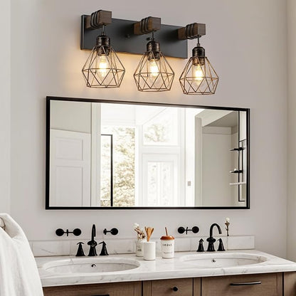VbiTmn Black Gold Bathroom Light Fixtures, 3-Light Farmhouse Vanity Light | Wood Vanity Lights, Rustic Wall Mount Over Mirror for Bedroom & Hallway, Easy to Install, Sturdy Build for Bathroom Use