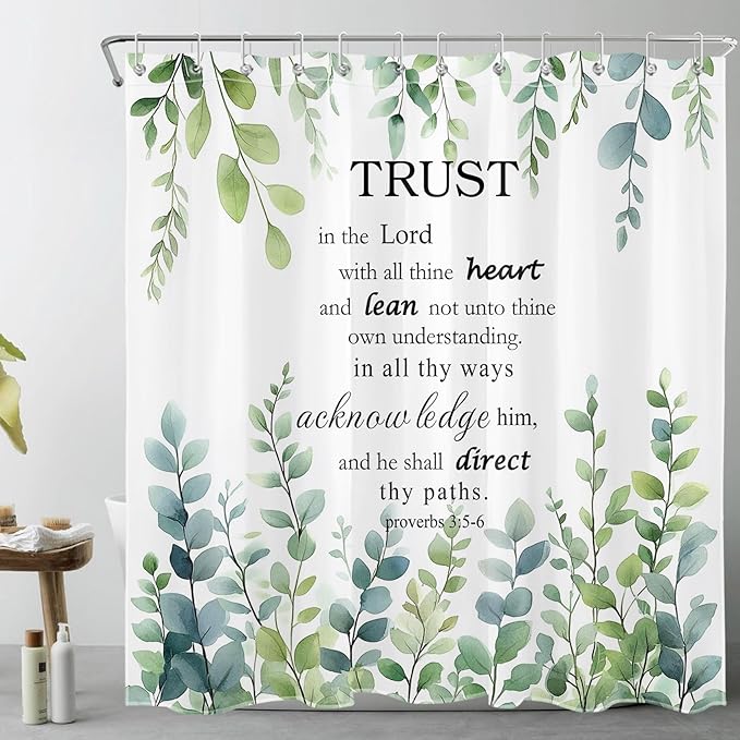 HVEST Green Eucalyptus Bathroom Sets with Shower Curtain and Rugs, Sage Green Leaf Plant and Bible Verse on White Shower Curtain Modern Polyester Fabric Bathroom Shower Curtain Sets,70L X 70W inches