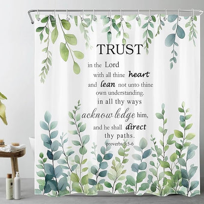 HVEST Green Eucalyptus Bathroom Sets with Shower Curtain and Rugs, Sage Green Leaf Plant and Bible Verse on White Shower Curtain Modern Polyester Fabric Bathroom Shower Curtain Sets,70L X 70W inches