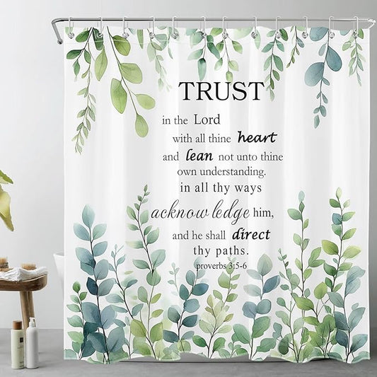 HVEST Eucalyptus Bible Verse Shower Curtain Sage Green Leaf Plant and Inspirational Quotes on White Fabric Shower Curtain with Hooks Nature Botanical Bathroom Curtains Shower Set,78L X 72W inches