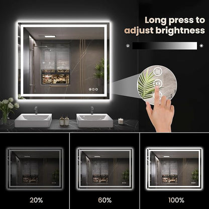 Snowdool 48 x 32 in LED Bathroom Mirror, Front and Backlit, Anti-Fog | Front and Backlit, 3 Color Temperatures, Anti-Fog, Tempered Glass