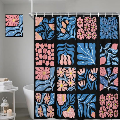JAWO Pink Turquoise Shower Curtain for Bathroom, Retro Boho Floral Bathroom Curtain Decor, Vintage Abstract Botanical Geometric Groovy Aesthetic Pattern Shower Curtain Sets with 12 Hooks,60X70IN
