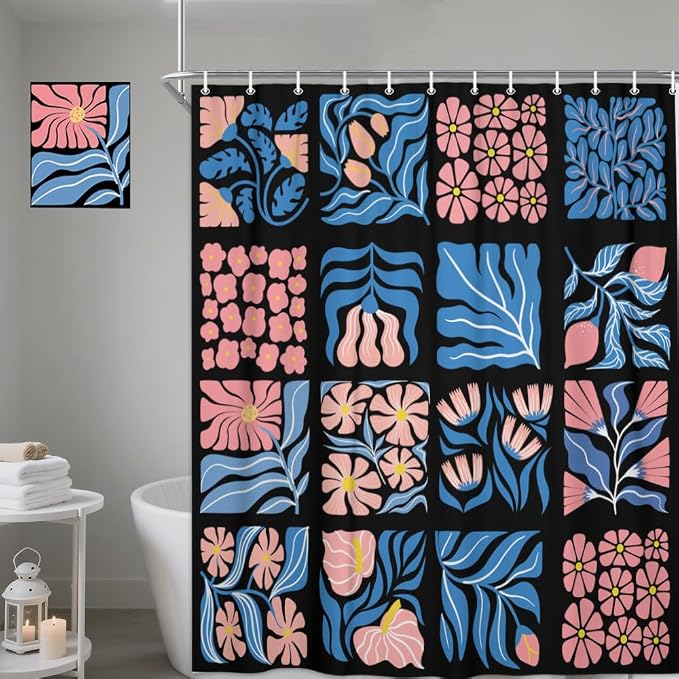 JAWO Pink Turquoise Shower Curtain for Bathroom, Retro Boho Floral Bathroom Curtain Decor, Vintage Abstract Botanical Geometric Groovy Aesthetic Pattern Shower Curtain Sets with 12 Hooks,70X48IN