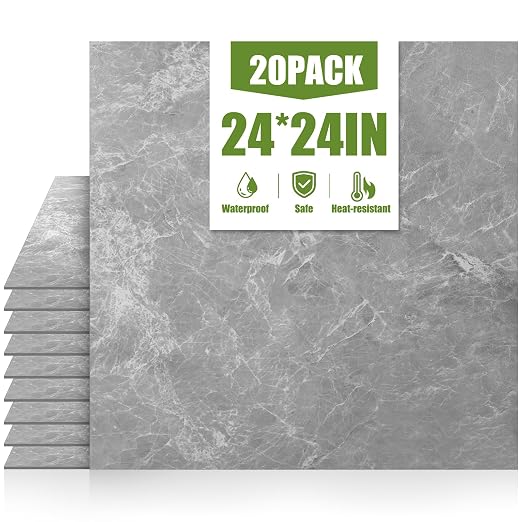 RORA 24x24 Inch Peel and Stick Floor Tile 20-Pack Waterproof Vinyl | Covers 80 Sq.Ft, Self-Adhesive, Easy DIY install, Grey Marble Vinyl Floor Tiles for Bathroom, Kitchen, Laundry & Office