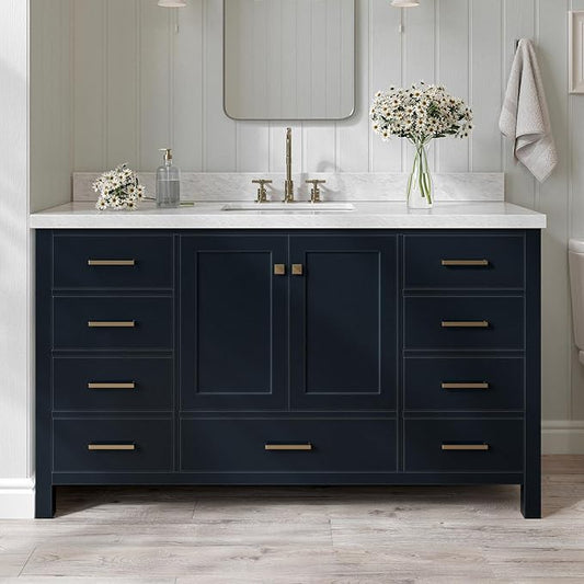 ARIEL Cambridge 60-inch Bathroom Vanity with Sink,Solid Wood, 1.5-inch Italian Carrara Marble Countertop, Single Rectangular Porcelain Sink, 2 Soft Closing Doors, 9 Dovetail Drawers, Midnight Blue
