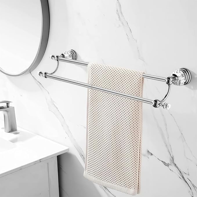 Double Chrome Crystal Towel Holder Adjustable Gold Towel Bar 14 to 25 Inch, Towel Rack Rail for Bathroom Wall Mounted