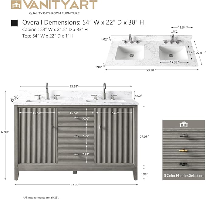 Vanity Art 54" Bathroom Vanity with Double Sink & Arabescato White Engineered Stone Top, Vanity Cabinet with Soft Closing Door, Solid Wood Frame, Golden Brushed Handles, Driftwood Gray VA8154D-DG-GB