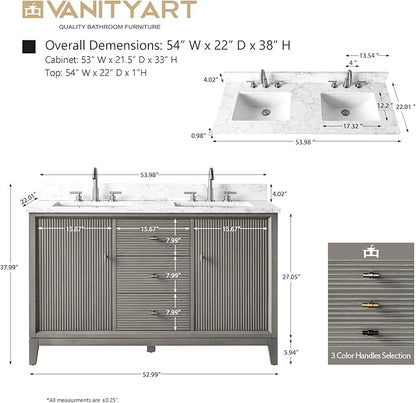 Vanity Art 54" Bathroom Vanity with Double Sink & Arabescato White Engineered Stone Top, Vanity Cabinet with Soft Closing Door, Solid Wood Frame, Golden Brushed Handles, Driftwood Gray VA8154D-DG-GB
