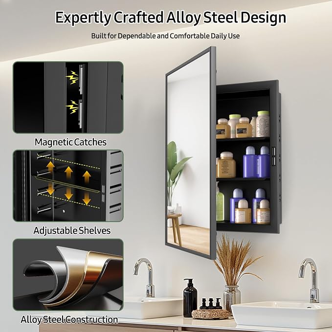 NLShan Medicine Cabinet Mirror for Bathroom: Recessed Vanity Bathroom Cabinet with Mirror Door - Black Metal Framed and Wall Mounted Design with Adjustable Shelves for Bathroom Storage - 16x24 inch