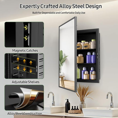 NLShan Medicine Cabinet Mirror for Bathroom: Recessed Vanity Bathroom Cabinet with Mirror Door - Black Metal Framed and Wall Mounted Design with Adjustable Shelves for Bathroom Storage - 16x24 inch