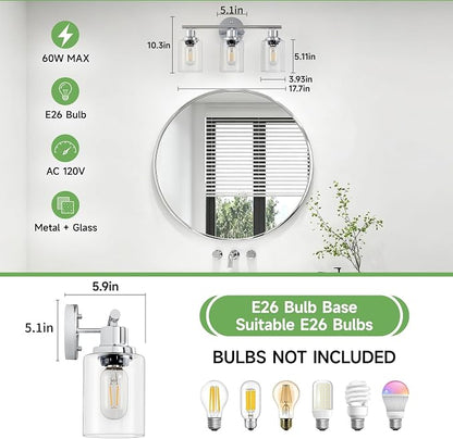 3-Light Bathroom Light Fixtures, Modern Chrome Vanity Lights for Bathroom with Clear Glass Shade, Wall Lamps for Mirror Hallway Kitchen Cabinet Living Room Sconces Lights