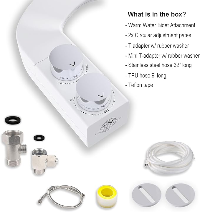 BIDETbidet Left/Right Reversible WARM WATER Ultra-Slim Bidet Attachment with Temperature Control, Interchangeable Knob Set, Hinged Nozzle, Non-Electric, Easy Install, Fits Most Toilets, Off-White