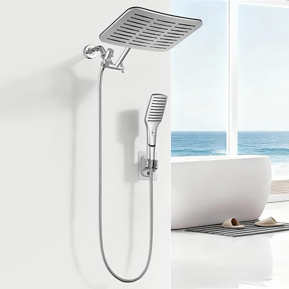 XXL 12.2" Rain Shower Head with Handheld Spray, High Pressure Combo | Height adjustable dual shower system with rainfall showerhead and handheld spray for bathroom upgrades and easy rinsing.