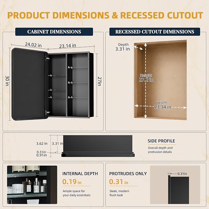24 x 30 Black Medicine Cabinet Mirror, Recessed or Surface Mount | Bathroom mirror with storage: 6 adjustable shelves fit tall bottles; DTC soft-close hinges; rust-resistant aluminum