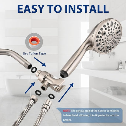 High Pressure 10-Setting Handheld Shower Head, 5" Detachable Shower Spray, 79" Extra Long Stainless Steel Hose, Adjustable Bracket - Brushed Nickel