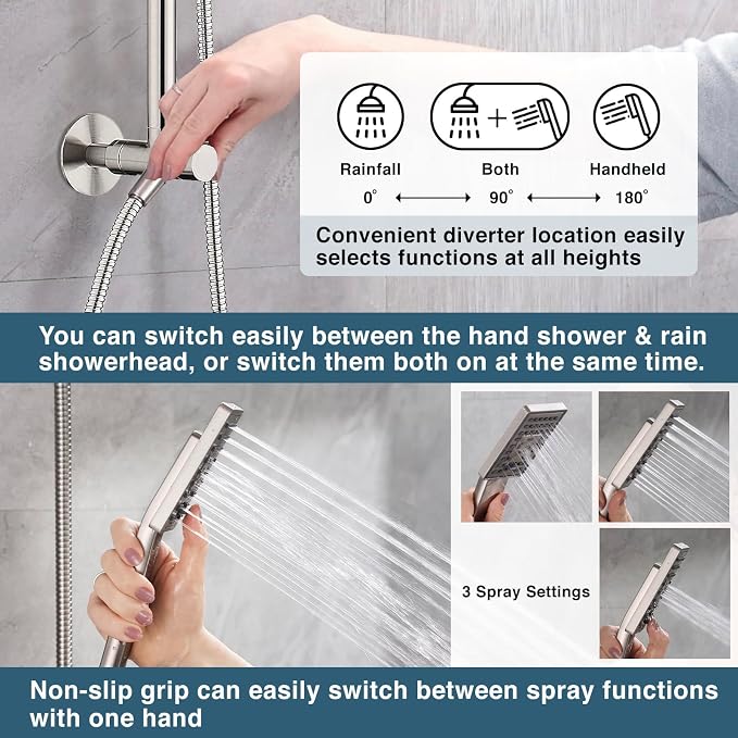 BRIGHT SHOWERS Rain Shower Heads System, Rainfall Shower Head with Handheld Spray Combo Includes Solid Brass Slide Bar, Height Adjustable Holder, Shower Extension Arm and 60" Long Hose, Brushed Nickel