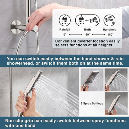 BRIGHT SHOWERS Rain Shower Heads System, Rainfall Shower Head with Handheld Spray Combo Includes Solid Brass Slide Bar, Height Adjustable Holder, Shower Extension Arm and 60" Long Hose, Brushed Nickel