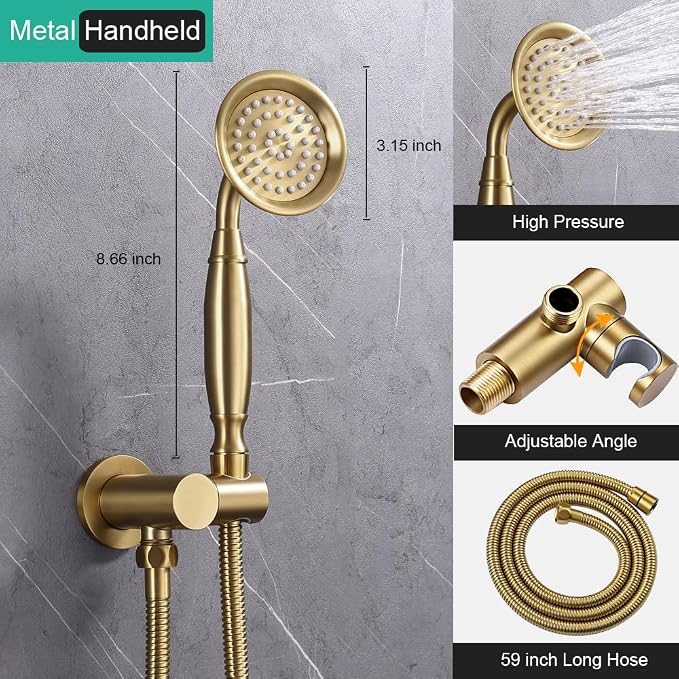 Dual Rain Shower Head System with Handheld Antique Faucet Set | Brushed Titanium Gold, Multi-layer Plating, Vintage Rainfall, 3 Way Diverter Brass Valve with Trim Kit, Easy Install