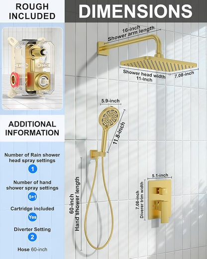 Brushed Gold Shower System Set - Complete with Valve Kit, Rainfall & Filtered Handheld Shower Head spray, Modern Bathroom Fixtures