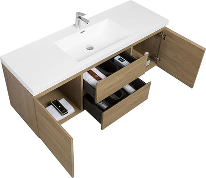 60 Inch Floating Bathroom Vanity with Single Sink, Modern Wall-Mounted Bathroom Vanity Storage Cabinet Organizer with 2 Soft Closing Doors & 2 Drawers (Natural Oak)
