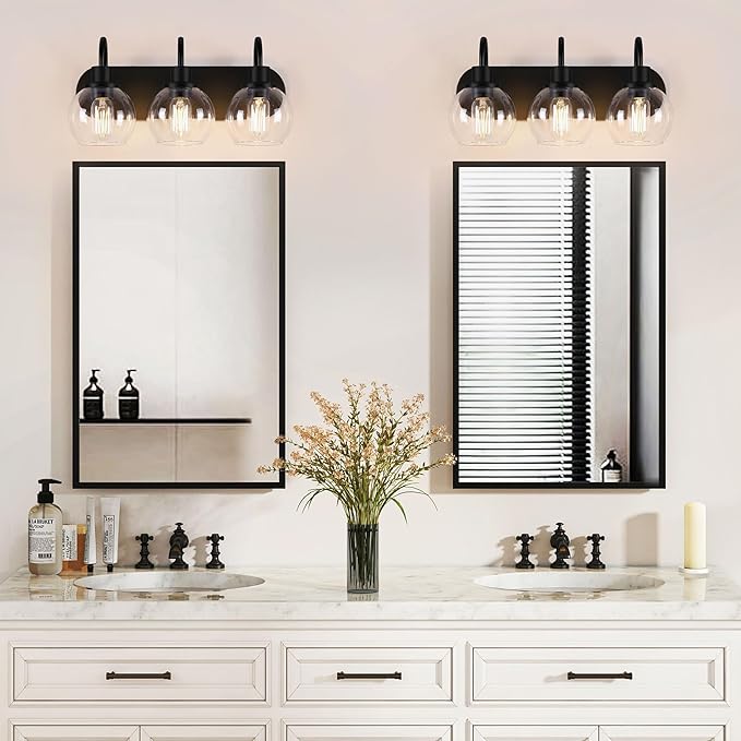 Bathroom Vanity Light,Modern 3-Light Bathroom Lighting Fixtures Over Mirror with Clear Glass Shade and Metal Base,Matte Black Bathroom Lighting