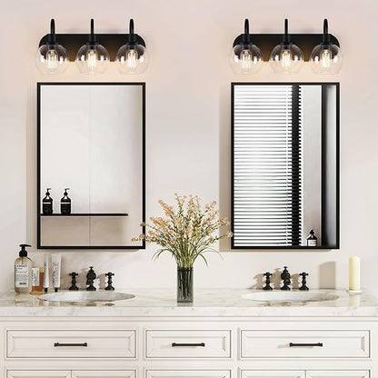 Bathroom Vanity Light,Modern 3-Light Bathroom Lighting Fixtures Over Mirror with Clear Glass Shade and Metal Base,Matte Black Bathroom Lighting