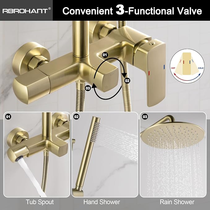 RBROHANT Exposed Shower System with Tub Spout, Brushed Gold Exposed Pipe Shower Faucet with 3 Functions Brass Shower Valve, Shower Height Adjustable, Wall Mounted