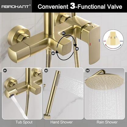 RBROHANT Exposed Shower System with Tub Spout, Brushed Gold Exposed Pipe Shower Faucet with 3 Functions Brass Shower Valve, Shower Height Adjustable, Wall Mounted