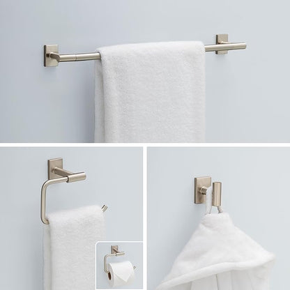 Franklin Brass Hartwell 3-Piece Bathroom Set Satin Nickel 18" + 6" Towel Rack, Toilet Paper Holder/Hand Towel Holder, Hook | 3-Piece Bath Hardware Accessories Set HRT63-SN