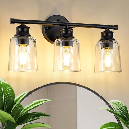 Bathroom Light Fixtures Over Mirror, 3 Lights Vanity Lights with Clear Glass Shade, 18.1" Matte Black Farmhouse Bathroom Wall Light Fixtures for Bedroom, Porch, Hotel, Mirror Cabinet