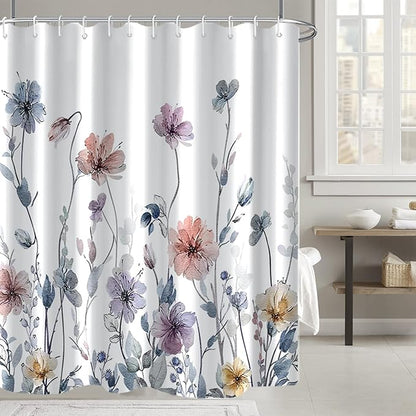 Flower Shower Curtain, Wildflower Shower Curtain Floral with Hooks, 72x72" | AWERT Pastel Shower Curtain for Bathroom, Spill-resistant Fabric Floral Bathroom Curtain Machine washable, with 12 Hooks