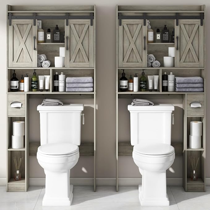 Vabches Over The Toilet Storage Cabinet with Sliding Doors, Grey | Farmhouse Storage Cabinet Over Toilet, Home Space-Saving Toilet Rack, Toilet Paper Holder Stand,for Restroom,Bathroom,Laundry