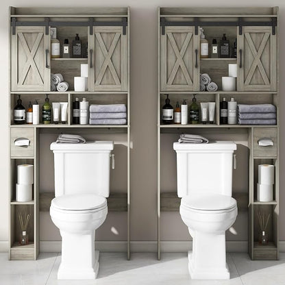 Vabches Over The Toilet Storage Cabinet with Sliding Doors, Grey | Farmhouse Storage Cabinet Over Toilet, Home Space-Saving Toilet Rack, Toilet Paper Holder Stand,for Restroom,Bathroom,Laundry