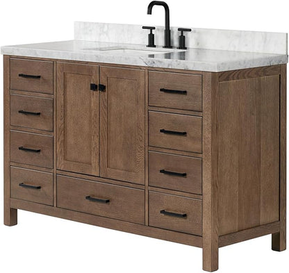 DKB Beckford 54-Inch Brown Oak Single Bathroom Vanity with Sink, 1.5-Inch Edge Italian Carrara Marble Countertop & 4" Backsplash, Soft-Closing Doors & Drawers, Solid Oak Wood Construction