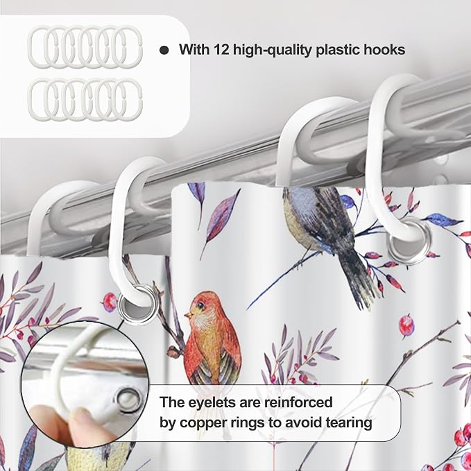 AWERT Cheery Birds on Tree Branch Shower Curtain for Bathroom Bird Shower Curtain with Hooks Colorful Waterproof Fabric Bathroom Accessories Bathtub Decor 72x78inch