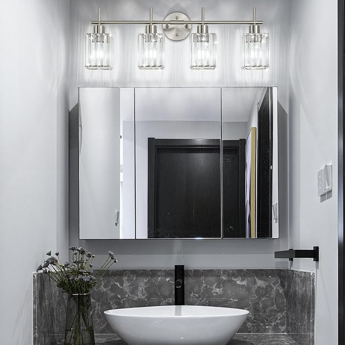 Brushed Nickel Bathroom Light Fixtures, Square, 4-Light | Vanity Lights with Crystal Shades, Modern Bathroom Lighting Fixtures over Mirror (Bulbs Not Included, E26)