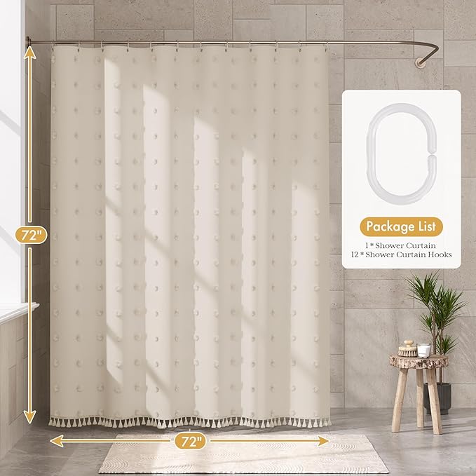 AmazerBath Boho Farmhouse Shower Curtain with Tassels, Soft Cloth Beige Shower Curtain Set, Polka Dots Chevron Fabric Rustic Shower Curtain with Hooks, Hotel Quality, 72x72 Inches