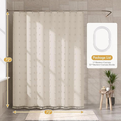 AmazerBath Boho Farmhouse Shower Curtain with Tassels, Soft Cloth Beige Shower Curtain Set, Polka Dots Chevron Fabric Rustic Shower Curtain with Hooks, Hotel Quality, 72x72 Inches
