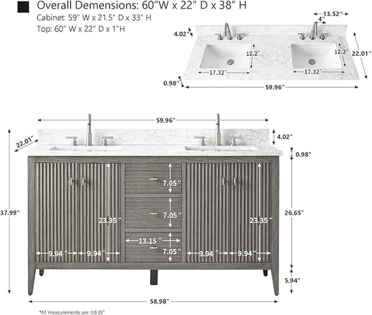 HOMEBEYOND 60" Bathroom Vanity with Double Sink, Solid Wood Bathroom Vanity Free-Standing Cabinet, Ceramic Top & Soft Closing Door, Golden Brushed Handware, Driftwood Gray