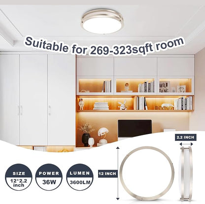 12inch LED Flush Mount Ceiling Light Fixture Dimmable Brushed Nickel, Easy Install Ceiling Lamp Fixture Without Flicker, Super Bright 36W 3600LM 5CCT Warm to White Light 3000K to 6000K 2-Pack