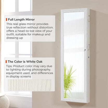 GISSAR Jewelry Mirror Armoire Wall Mount Over The Door Mirror Jewelry Cabinet Storage Mirror Organizer Lockable Full Length Door Mirror(White Oak)