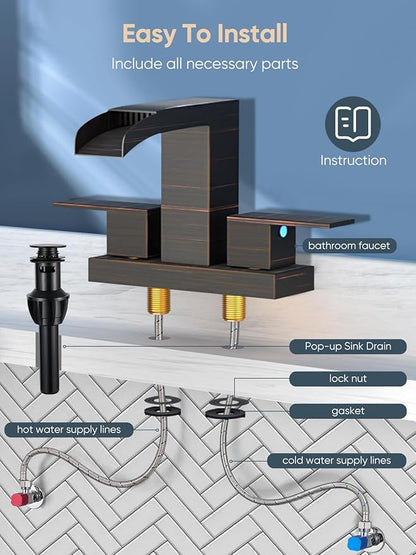 Cobbe Waterfall Bathroom Faucets 3 Hole, Oil Rubbed Bronze Bathroom Sink Faucet Square 4 Inch Centerset with Pop-Up Drain, 2 Handle and 2 Supply Hoses, Lead-Free Stainless Steel for Vanity Sink Rv